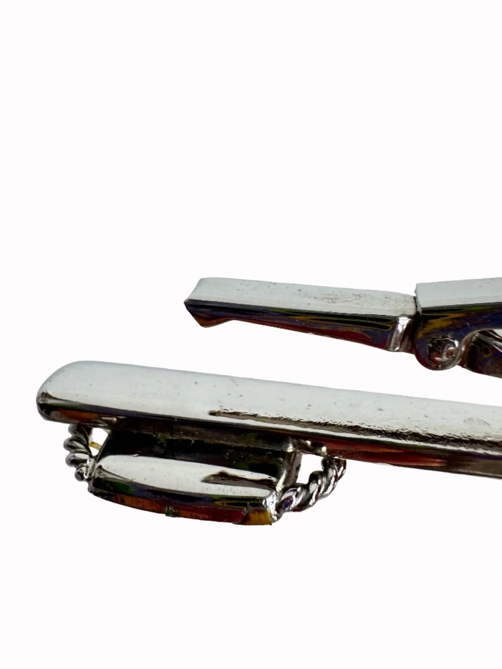 Vintage Cobalt Blue Cloisonne Tie Clip Silver Tone Textured Enamel Bar Groom